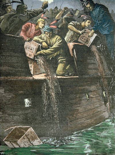Destruction of the tea cargoes, known as the Boston Tea Party by American School