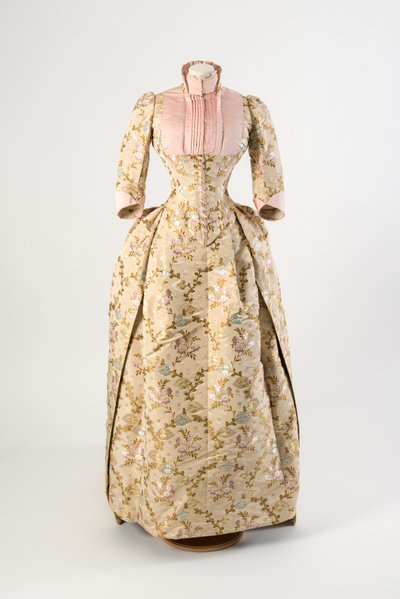 Dress of light brown silk woven with a design of mauve, blue and yellow flowers and green leaves, light pink ribbed silk bodice panel and cuffs by American School