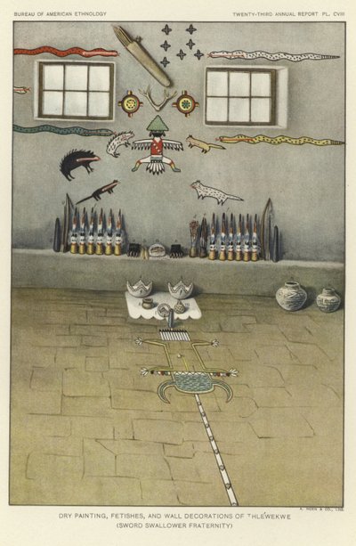 Dry painting, fetishes, and wall decorations of Thlewekwe (sword swallower fraternity) by American School