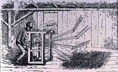 Early attempts at threshing machines, illustration from The Growth of Industrial Art, 1892, from The Pageant of America, Vol.3, by Ralph Henry Gabriel, 1926 by American School