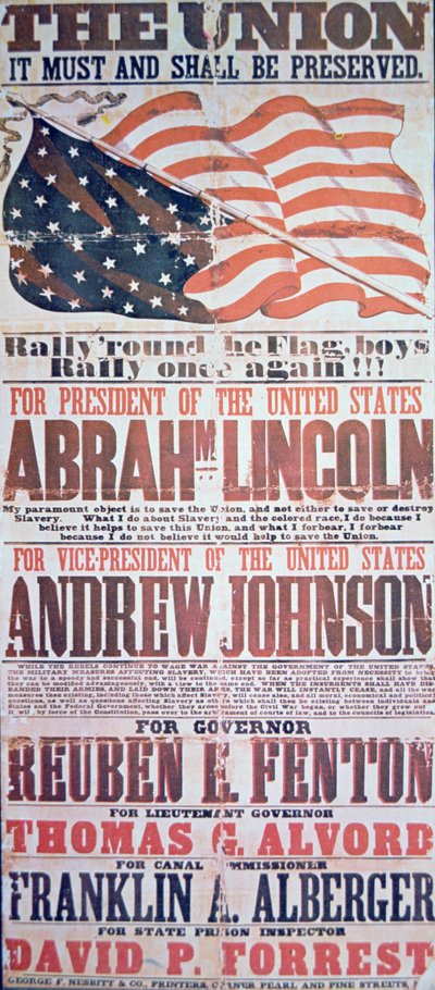 Electoral campaign poster for Abraham Lincoln (1809-65) for President and Andrew Johnson (1808-75) for Vice President by American School
