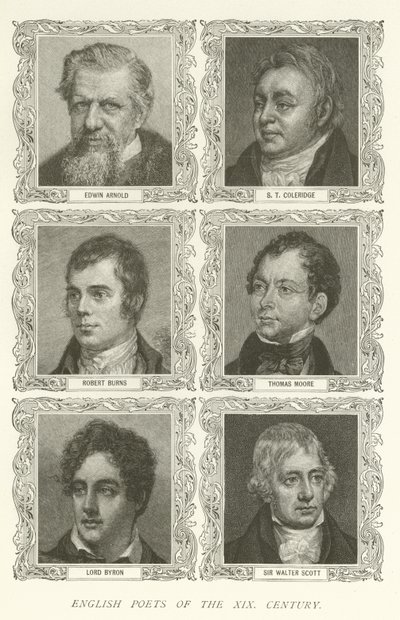 English Poets of the XIX Century, Edwin Arnold, S T Coleridge, Robert Burns, Thomas Moore, Lord Byron, Sir Walter Scott by American School