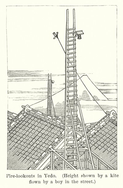 Fire-lookouts in Yedo, Height shown by a kite flown by a boy in the street by American School