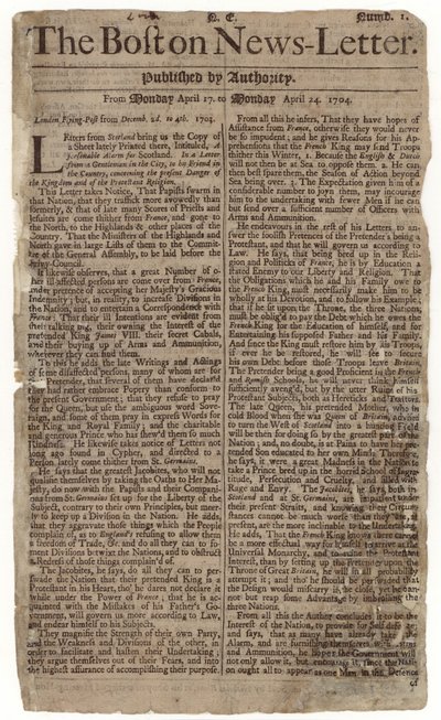 First issue of the Boston News-Letter, 1704 by American School