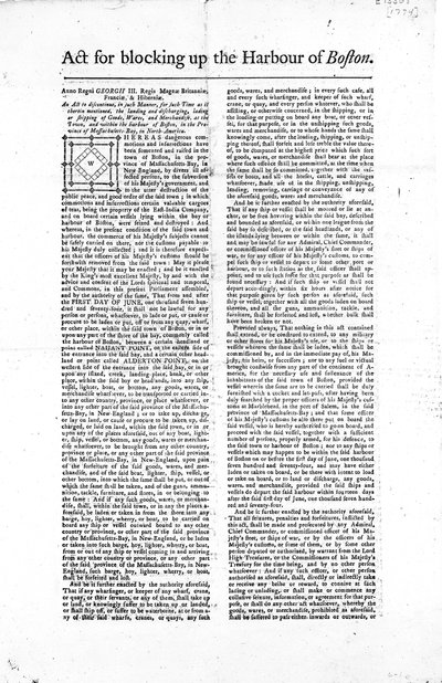 First page of a broadside outlining the Act for Blocking up the Harbour of Boston, 1774 by American School