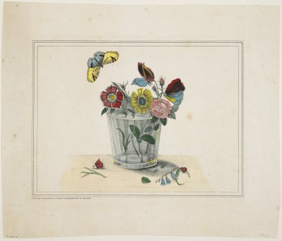 Flowers in a Glass, with Butterfly by American School