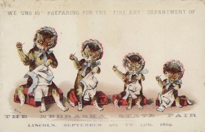 Four Cats Sewing Wearing Bonnets by American School