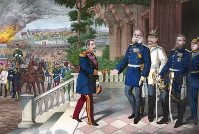 Franco-Prussian War 1870-1871: The surrender of Napoleon III after the battle of Sedan, 2 September 1870 - Color line engraving, American, c1871 - War of 1870: Napoleon III (1808-1873) prisoner following the battle of Sedan meets William I of Prussia (1797 by American School