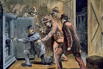 Frank and Jesse James Gang rob the express car of a train in 1879 by American School