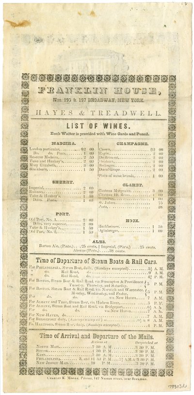 Franklin House Wine list for May 23, 1844 by American School