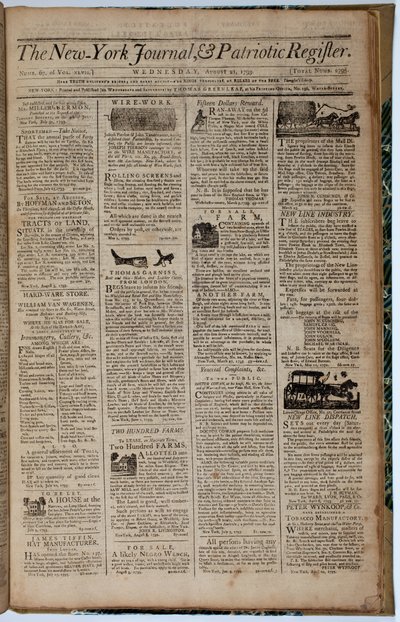 Front Page of the New York Journal and Patriot Register, 21st August 1793 by American School