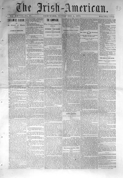 Front page of The Irish-American, published in New York, 4th November, 1876 by American School