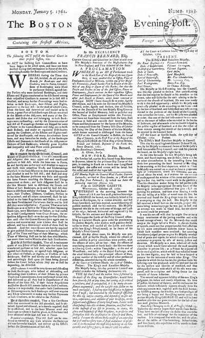 Front page of the Boston Evening Post announcing the death of King George II (1683-1760), 5th January, 1761 by American School