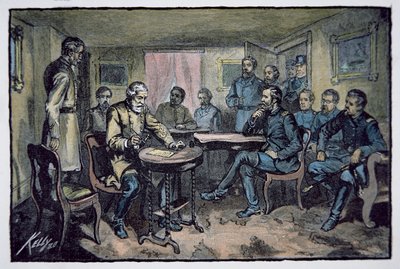General Robert E. Lee surrenders to General Ulysses S. Grant at Appomattox Courthouse, 9th April 1865 by American School