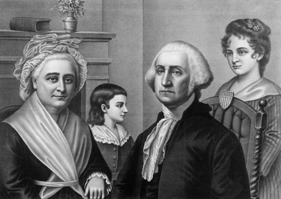 George Washington with his wife Martha Washington and his children in Mount Vernon. Engraving around 1880 by American School