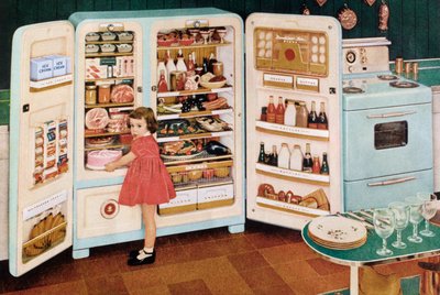 Girl Getting a Pink Cake Out of a Huge Refrigerator Stuffed With Food by American School