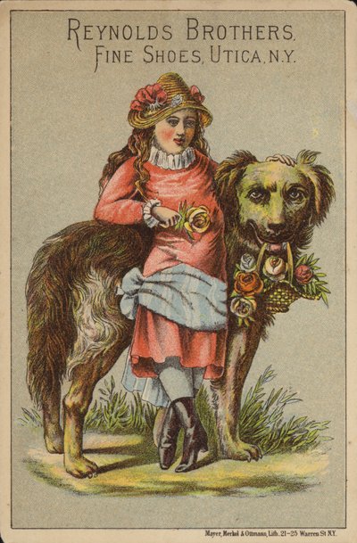 Girl Leaning on Large Dog with Roses by American School