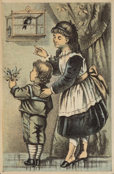 Girl and Boy Looking at Songbird in Cage by American School