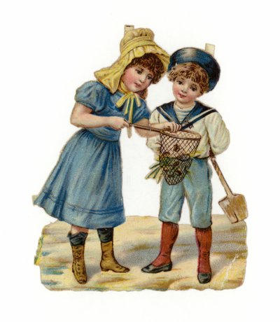 Girl and Boy Fishing on the Beach by American School