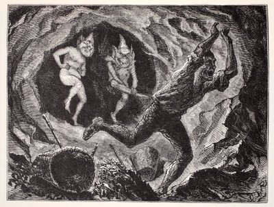 Gnomes Terrifying a Miner, from The World Guide to Gnomes, Fairies, Elves and Other Little People by Thomas Keightley, Published 1880 by American School