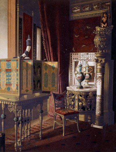 Great Hall, Van der Bilt Hotel in New York, Bedroom, Color engraving by American School