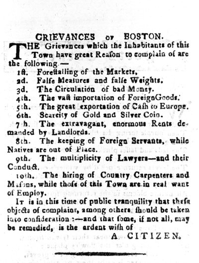 Grievances of Boston, Letter Published in the Boston Gazette, 4th April 1786 by American School