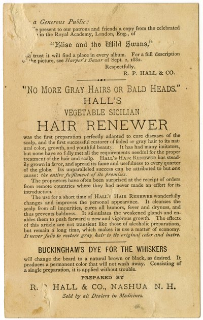 Halls Vegetable Sicilian Hair Renewer, Restores Gray Hair to its original color and prevents baldness. Verso by American School
