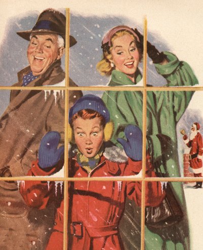 Happy Family Looking at Gifts in a Store Window on Christmas Eve by American School