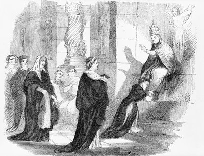 Illustration from an Anti-Catholic pamphlet showing a priest kissing the robes of the Pope by American School