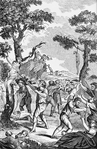 Illustration from an Anti-Catholic pamphlet showing women and children being murdered by American School