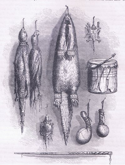 Indian medicine bag, mystery whistle, battles and drum 1661, illustration from Cassell