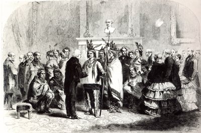 James Buchanan, President of the United States, inducing the hostile tribes of the Pawnees and the Poncas to shake hands, 1858 by American School