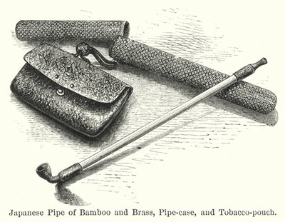 Japanese Pipe of Bamboo and Brass, Pipe-case, and Tobacco-pouch by American School