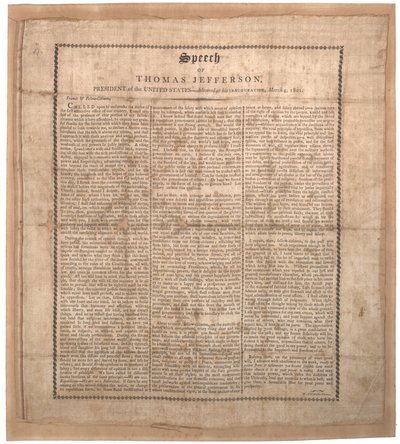 Jeffersons first inaugural speech, printed by Pechin, Baltimore, 4th March 1801 by American School