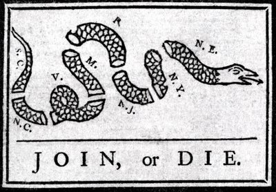 Join or Die, drawing, considered the first political cartoon, published in the Pennsylvania Gazette by Benjamin Franklin in 1754. It represents a snake divided into several sections with the legend 