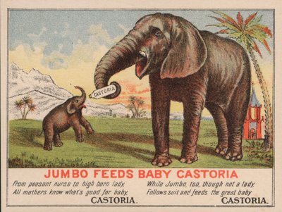Jumbo feeds baby Castoria, advertisement for Fletcher