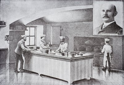 Kitchen of The White House in the 1890s, with inset portrait of Hugo Ziemann by American School