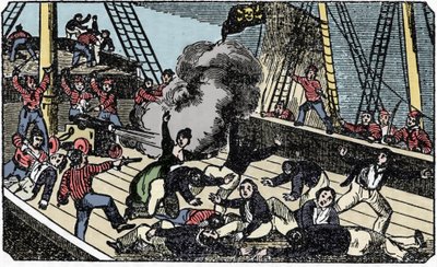 The death of the pirate gentleman Jean Lafitte, engraving of The pirate own book 1837. by American School