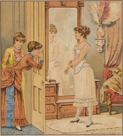 Lady Admiring Reflection in Mirror Wearing Under Garments by American School