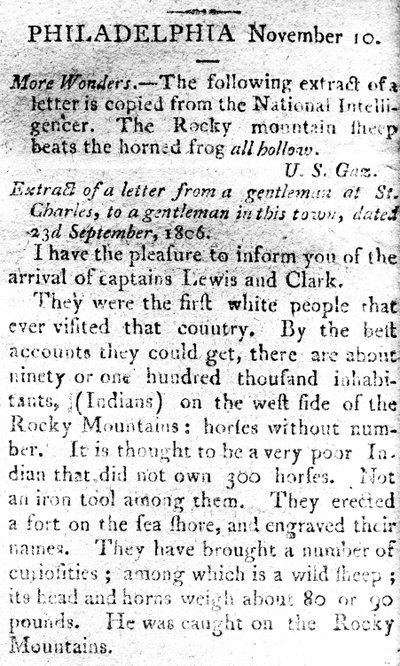 Letter announcing the arrival of captains Lewis and Clark, from The Boston Intelligencer, 19th November 1806 by American School