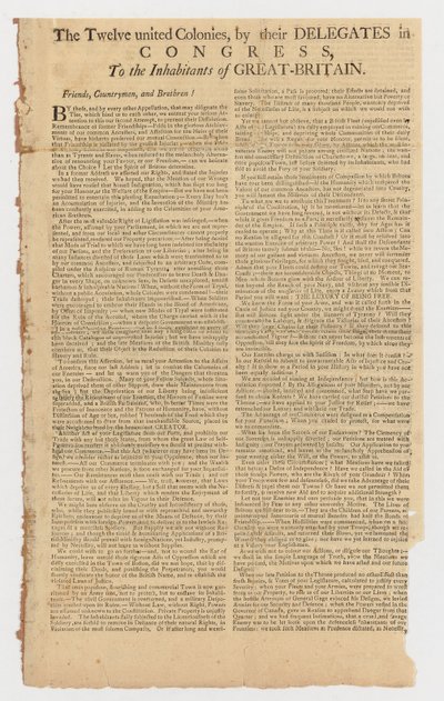 Letter of the Twelve United Colonies to the Inhabitants of Great Britain by American School