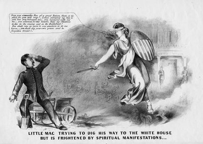 Little Mac trying to dig his way to the White House but is frightened by spiritual manifestations by American School
