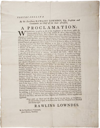 Loyalty Oath to protect Independence of South Carolina, 2nd April 1778 by American School