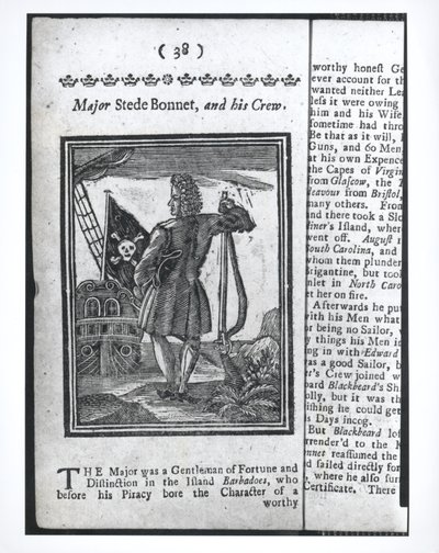 Major Stepe Bonnet, page 38 from Histories and Lives of All the Most Notorious Pirates and their Crews, London, 1725 by American School
