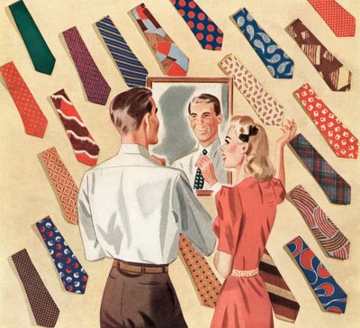 Man Straightens His Tie in the Mirror Amid a Display of Many Men