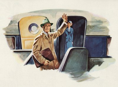 Man Waves Goodbye as He Boards an Airplane by American School
