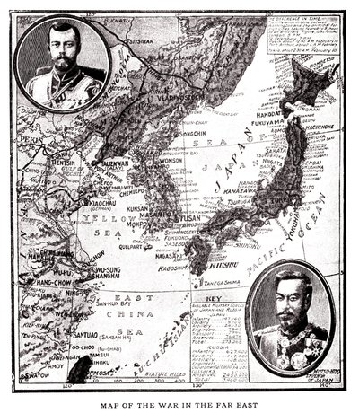 Map of eastern Russia, Korea and Japan during the Japanese Russo conflict. In medallion, Tsar Nicholas II of Russia and Emperor Meiji of Japan. Illustration, in Russia and Japan and a complete history of the war in the by American School