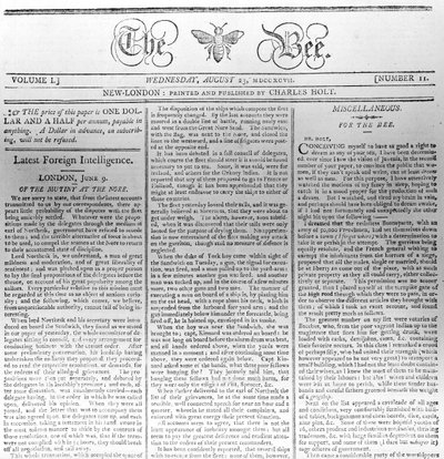 Masthead of The Bee, printed 23rd August 1797 by American School