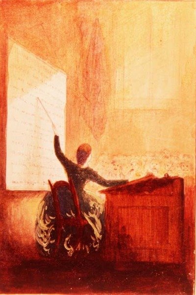 Miss Sarah E. Holden teaching with the aid of a phonetic chart, c.1840 by American School