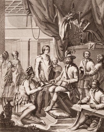 Montezuma Handing Over His Empire to the King of Spain, Giving Him a Tribute and Pledging His Obedience, from Antonio de Solis y Rivadeneira